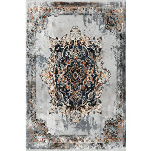 Eskitme Gri Ve Lacivert Halı – Turuncu Vurgulu, Yıkanabilir, Toz Tutmaz, Evcil Hayvan Dostu