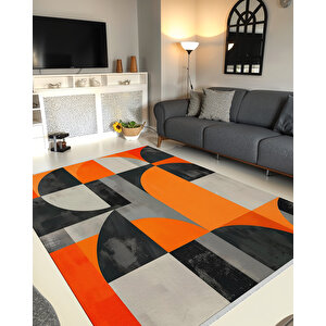 Turuncu Ve Siyah Geometrik Desenli Halı – Modern Blok Tasarım – Makinede Yıkanabilir, Tüy Tutmaz, Pamuk Dokuma Tabanlı 180x200 cm