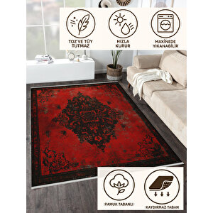 Derin Kırmızı Eskitme Halı – Siyah Desenli, Yıkanabilir, Toz Tutmaz, Evcil Hayvan Dostu 80x150 cm