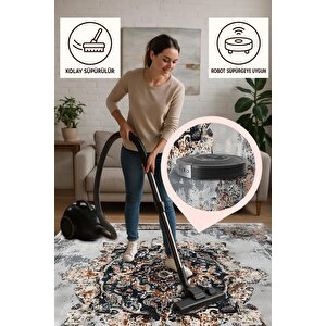 Eskitme Gri Ve Lacivert Halı – Turuncu Vurgulu, Yıkanabilir, Toz Tutmaz, Evcil Hayvan Dostu