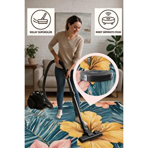 Tropikal Çiçek Desenli Halı – Canlı Sarı, Pembe Ve Yeşil Tonlarla – Makinede Yıkanabilir, Tüy Tutmaz, Pamuk Dokuma Tabanlı