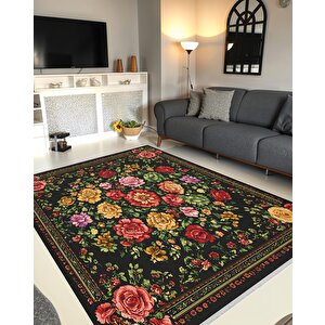 Renkli Güllerle Siyah Halı – Çiçek Desenli Halı  – Yıkanabilir, Kaymaz Tabanlı, Toz Tutmaz, Evcil Hayvan Dostu, Robot Süpürgeyle Uyumlu 150x300 cm