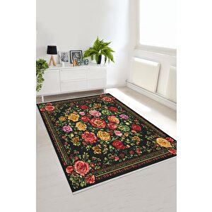 Renkli Güllerle Siyah Halı – Çiçek Desenli Halı  – Yıkanabilir, Kaymaz Tabanlı, Toz Tutmaz, Evcil Hayvan Dostu, Robot Süpürgeyle Uyumlu 150x300 cm