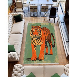 Kaplan Figürlü Halı – Canlı Ve Cesur Tonlar – Makinede Yıkanabilir, Tüy Tutmaz, Pamuk Dokuma Tabanlı 160x350 cm