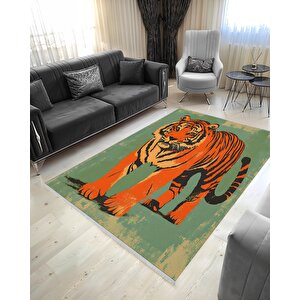 Kaplan Figürlü Halı – Canlı Ve Cesur Tonlar – Makinede Yıkanabilir, Tüy Tutmaz, Pamuk Dokuma Tabanlı 160x350 cm