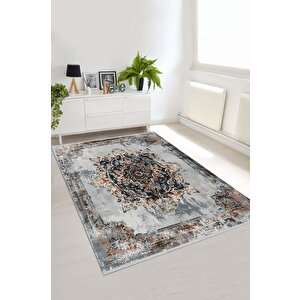 Eskitme Gri Ve Lacivert Halı – Turuncu Vurgulu, Yıkanabilir, Toz Tutmaz, Evcil Hayvan Dostu 200x350 cm