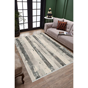 Gri Ve Krem Çizgili Halı – Eskitilmiş Modern Tasarım – Makinede Yıkanabilir, Tüy Tutmaz, Pamuk Dokuma Tabanlı 100x100 cm