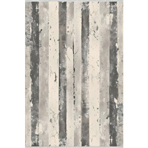 Gri Ve Krem Çizgili Halı – Eskitilmiş Modern Tasarım – Makinede Yıkanabilir, Tüy Tutmaz, Pamuk Dokuma Tabanlı 100x100 cm