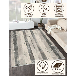 Gri Ve Krem Çizgili Halı – Eskitilmiş Modern Tasarım – Makinede Yıkanabilir, Tüy Tutmaz, Pamuk Dokuma Tabanlı