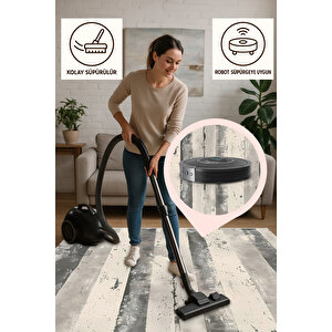 Gri Ve Krem Çizgili Halı – Eskitilmiş Modern Tasarım – Makinede Yıkanabilir, Tüy Tutmaz, Pamuk Dokuma Tabanlı