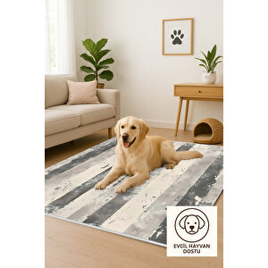 Gri Ve Krem Çizgili Halı – Eskitilmiş Modern Tasarım – Makinede Yıkanabilir, Tüy Tutmaz, Pamuk Dokuma Tabanlı