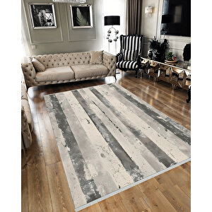 Gri Ve Krem Çizgili Halı – Eskitilmiş Modern Tasarım – Makinede Yıkanabilir, Tüy Tutmaz, Pamuk Dokuma Tabanlı