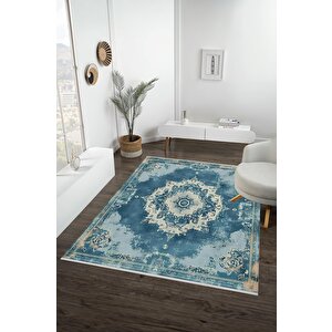 Su Mavisi Ve Krem Eskitme Halı – Makinede Yıkanabilir, Pamuk Dokuma, Toz Tutmaz, Evcil Hayvan Dostu 100x180 cm