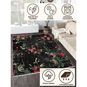 Siyah Zemin Üzerine Çiçek Desenli Halı – Cesur Ve Sanatsal Dokunuşlar – Makinede Yıkanabilir, Tüy Tutmaz, Pamuk Dokuma Tabanlı 200x220 cm