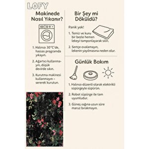 Siyah Zemin Üzerine Çiçek Desenli Halı – Cesur Ve Sanatsal Dokunuşlar – Makinede Yıkanabilir, Tüy Tutmaz, Pamuk Dokuma Tabanlı