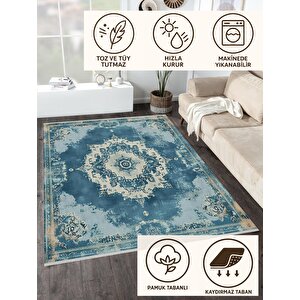 Su Mavisi Ve Krem Eskitme Halı – Makinede Yıkanabilir, Pamuk Dokuma, Toz Tutmaz, Evcil Hayvan Dostu 80x80 cm