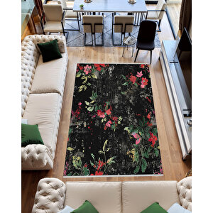 Siyah Zemin Üzerine Çiçek Desenli Halı – Cesur Ve Sanatsal Dokunuşlar – Makinede Yıkanabilir, Tüy Tutmaz, Pamuk Dokuma Tabanlı 100x180 cm