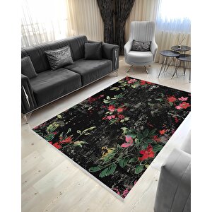 Siyah Zemin Üzerine Çiçek Desenli Halı – Cesur Ve Sanatsal Dokunuşlar – Makinede Yıkanabilir, Tüy Tutmaz, Pamuk Dokuma Tabanlı