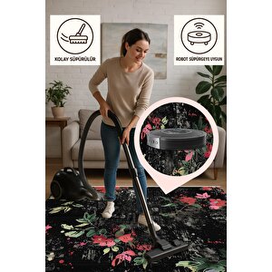 Siyah Zemin Üzerine Çiçek Desenli Halı – Cesur Ve Sanatsal Dokunuşlar – Makinede Yıkanabilir, Tüy Tutmaz, Pamuk Dokuma Tabanlı