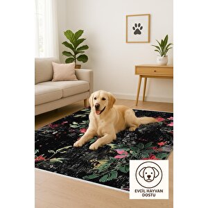 Siyah Zemin Üzerine Çiçek Desenli Halı – Cesur Ve Sanatsal Dokunuşlar – Makinede Yıkanabilir, Tüy Tutmaz, Pamuk Dokuma Tabanlı