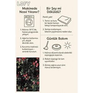 Siyah Zemin Üzerine Çiçek Desenli Halı – Cesur Ve Sanatsal Dokunuşlar – Makinede Yıkanabilir, Tüy Tutmaz, Pamuk Dokuma Tabanlı