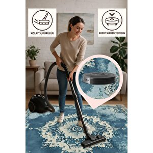 Su Mavisi Ve Krem Eskitme Halı – Makinede Yıkanabilir, Pamuk Dokuma, Toz Tutmaz, Evcil Hayvan Dostu