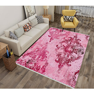 Pembe Ve Bordo Damask Halı – Eskitilmiş Desen – Makinede Yıkanabilir, Tüy Tutmaz, Pamuk Dokuma Tabanlı
