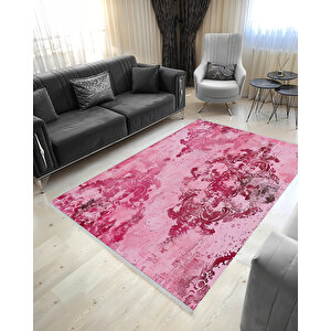 Pembe Ve Bordo Damask Halı – Eskitilmiş Desen – Makinede Yıkanabilir, Tüy Tutmaz, Pamuk Dokuma Tabanlı