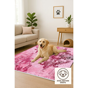 Pembe Ve Bordo Damask Halı – Eskitilmiş Desen – Makinede Yıkanabilir, Tüy Tutmaz, Pamuk Dokuma Tabanlı