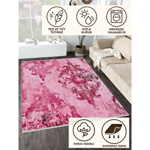 Pembe Ve Bordo Damask Halı – Eskitilmiş Desen – Makinede Yıkanabilir, Tüy Tutmaz, Pamuk Dokuma Tabanlı