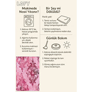 Pembe Ve Bordo Damask Halı – Eskitilmiş Desen – Makinede Yıkanabilir, Tüy Tutmaz, Pamuk Dokuma Tabanlı