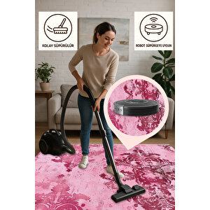 Pembe Ve Bordo Damask Halı – Eskitilmiş Desen – Makinede Yıkanabilir, Tüy Tutmaz, Pamuk Dokuma Tabanlı