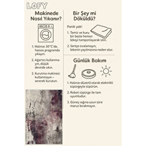 Mor, Bej Ve Gri Renkli Soyut Halı – Sanatsal Eskitme Deseni – Pamuk Tabanlı, Makinede Yıkanabilir, Evcil Hayvan Dostu, Robot Süpürge Uyumlu