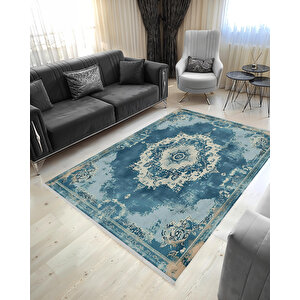 Su Mavisi Ve Krem Eskitme Halı – Makinede Yıkanabilir, Pamuk Dokuma, Toz Tutmaz, Evcil Hayvan Dostu 160x230 cm