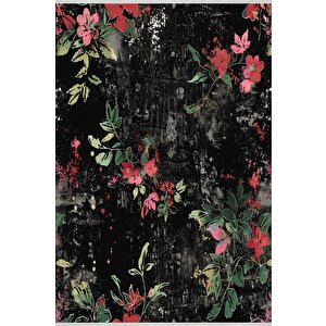 Siyah Zemin Üzerine Çiçek Desenli Halı – Cesur Ve Sanatsal Dokunuşlar – Makinede Yıkanabilir, Tüy Tutmaz, Pamuk Dokuma Tabanlı 200x350 cm