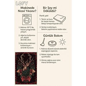 Kırmızı Siyah Geyik Halı – Doğal Temalı, Vintage Çizimli, Yıkanabilir Pamuk Tabanlı Tasarım