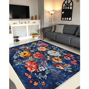 Lacivert Çiçek Desenli Halı – Renkli Floral Tasarım, Modern Yıkanabilir Dokuma