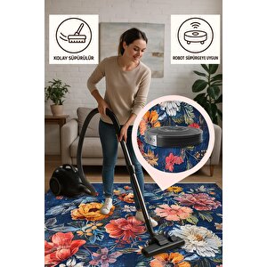 Lacivert Çiçek Desenli Halı – Renkli Floral Tasarım, Modern Yıkanabilir Dokuma