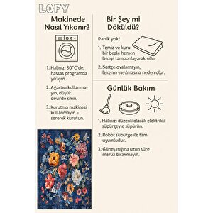 Lacivert Çiçek Desenli Halı – Renkli Floral Tasarım, Modern Yıkanabilir Dokuma