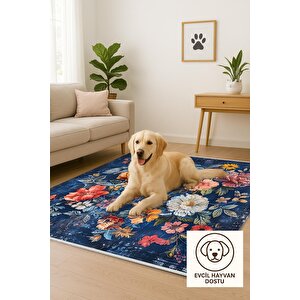 Lacivert Çiçek Desenli Halı – Renkli Floral Tasarım, Modern Yıkanabilir Dokuma