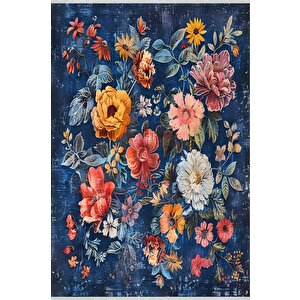 Lacivert Çiçek Desenli Halı – Renkli Floral Tasarım, Modern Yıkanabilir Dokuma