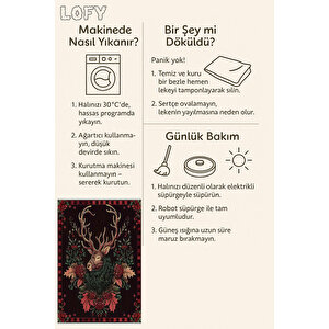 Kırmızı Siyah Geyik Halı – Doğal Temalı, Vintage Çizimli, Yıkanabilir Pamuk Tabanlı Tasarım