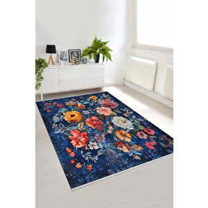 Lacivert Çiçek Desenli Halı – Renkli Floral Tasarım, Modern Yıkanabilir Dokuma 160x180 cm