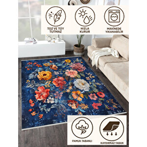 Lacivert Çiçek Desenli Halı – Renkli Floral Tasarım, Modern Yıkanabilir Dokuma 160x180 cm