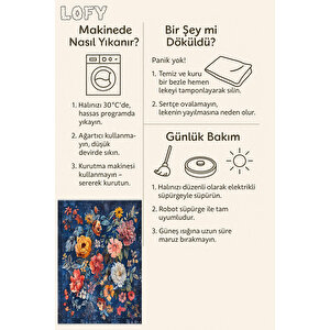 Lacivert Çiçek Desenli Halı – Renkli Floral Tasarım, Modern Yıkanabilir Dokuma