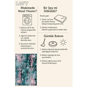 Soyut Eskitme Desenli Halı – Zümrüt Yeşili Ve Pudra Pembe Renklerde – Makinede Yıkanabilir, Pamuk Dokuma Taban, Kolay Temizlenir