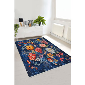 Lacivert Çiçek Desenli Halı – Renkli Floral Tasarım, Modern Yıkanabilir Dokuma
