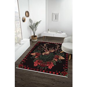 Kırmızı Siyah Geyik Halı – Doğal Temalı, Vintage Çizimli, Yıkanabilir Pamuk Tabanlı Tasarım 100x180 cm
