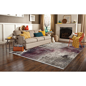 Mor, Bej Ve Gri Renkli Soyut Halı – Sanatsal Eskitme Deseni – Pamuk Tabanlı, Makinede Yıkanabilir, Evcil Hayvan Dostu, Robot Süpürge Uyumlu 180x200 cm
