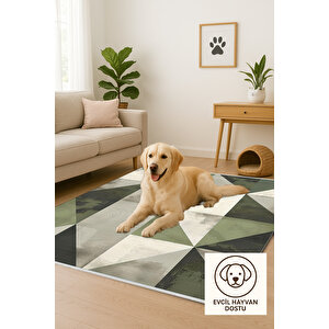 Yeşil Ve Siyah Geometrik Üçgen Halı – Modern Parçalı Tasarım – Makinede Yıkanabilir, Tüy Tutmaz, Pamuk Dokuma Tabanlı 160x180 cm